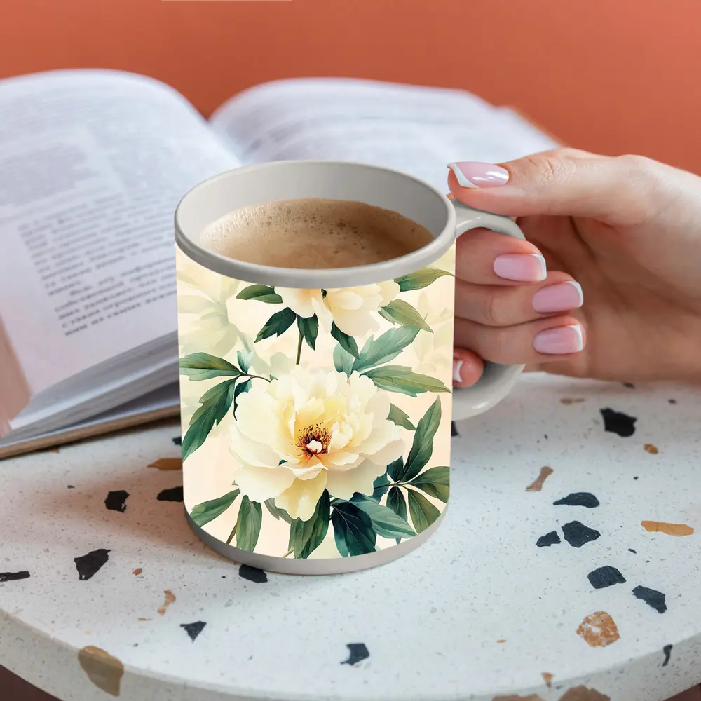 White Peony Flowers Soft Beige Watercolor Art – Mugs