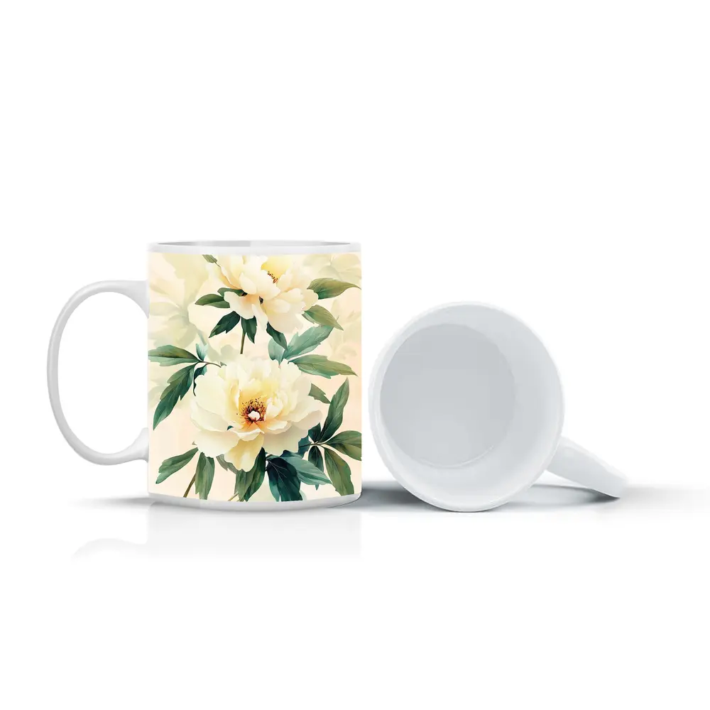 White Peony Flowers Soft Beige Watercolor Art – Mugs