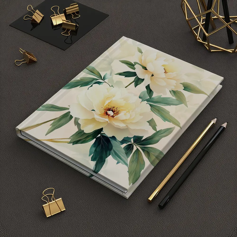 White Peony Flowers Soft Beige Watercolor Art – Notebooks