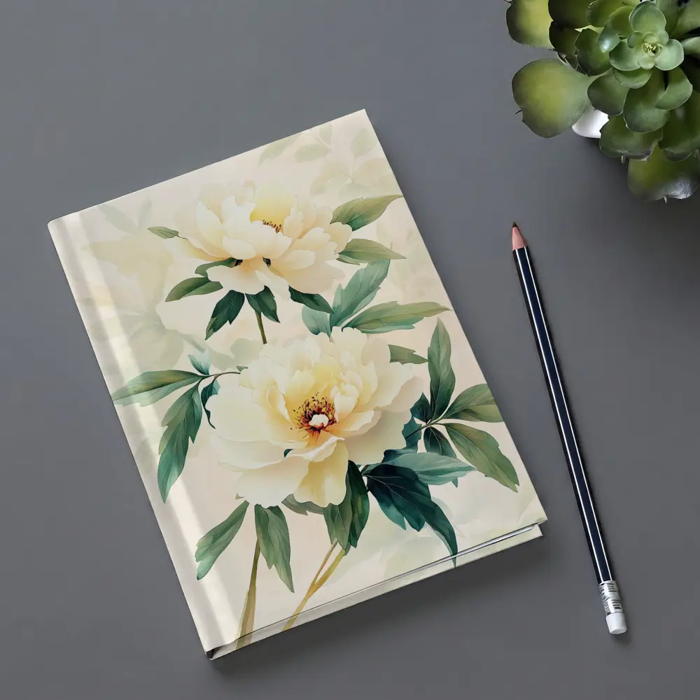 White Peony Flowers Soft Beige Watercolor Art – Notebooks