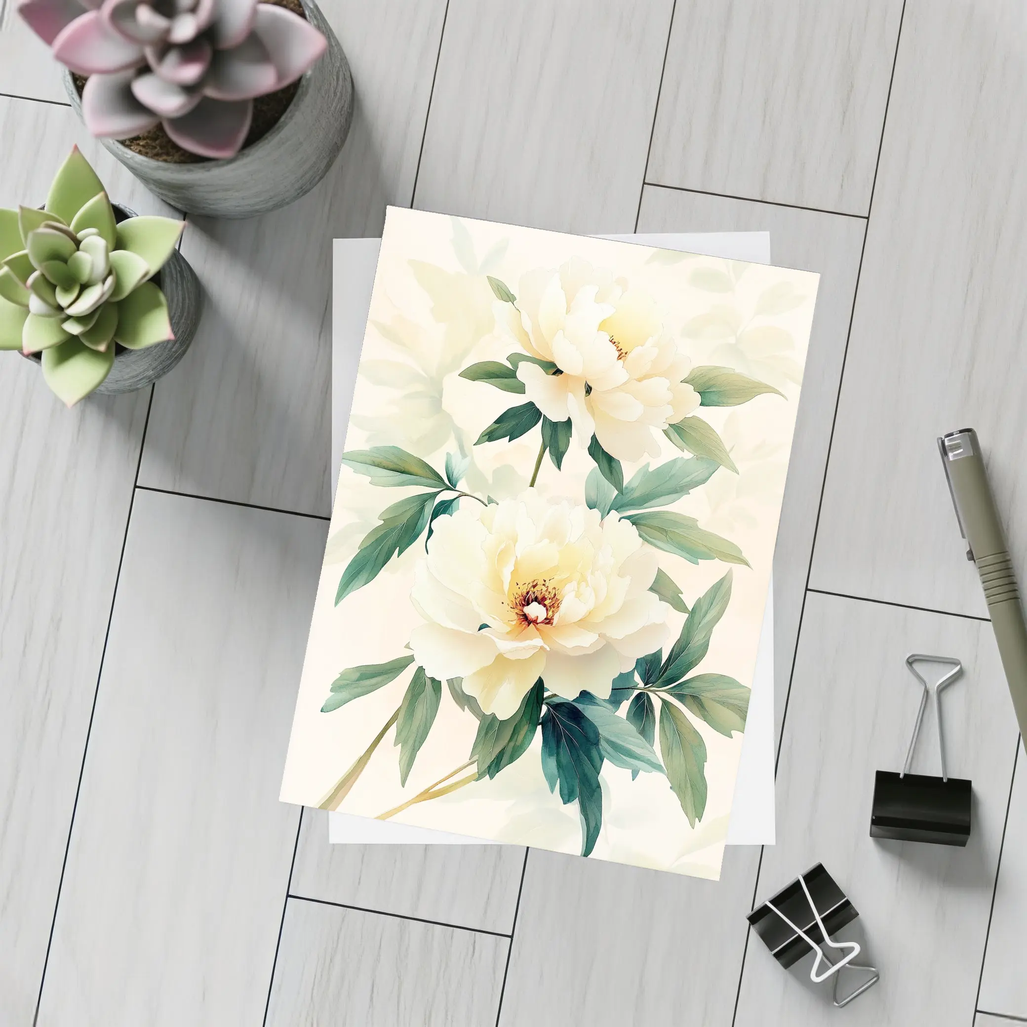White Peony Flowers Soft Beige Watercolor Art – Postcards