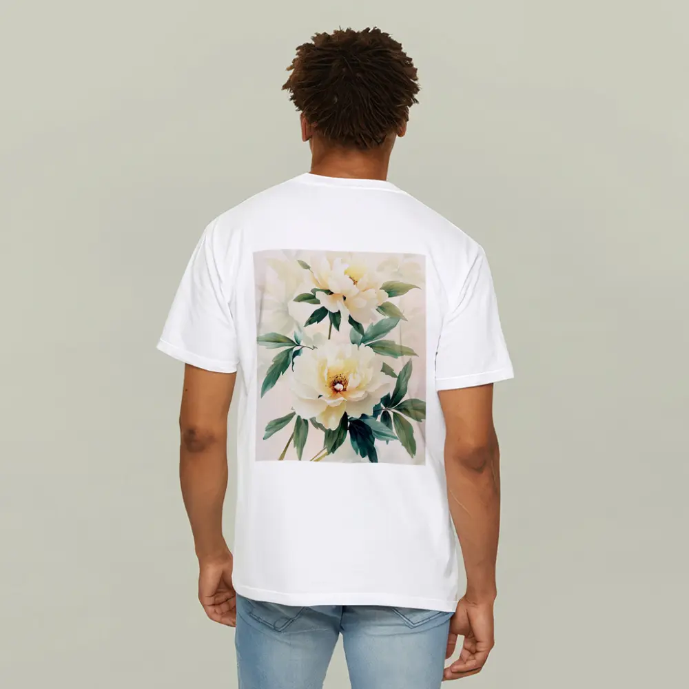 White Peony Flowers Soft Beige Watercolor Art – T-Shirts