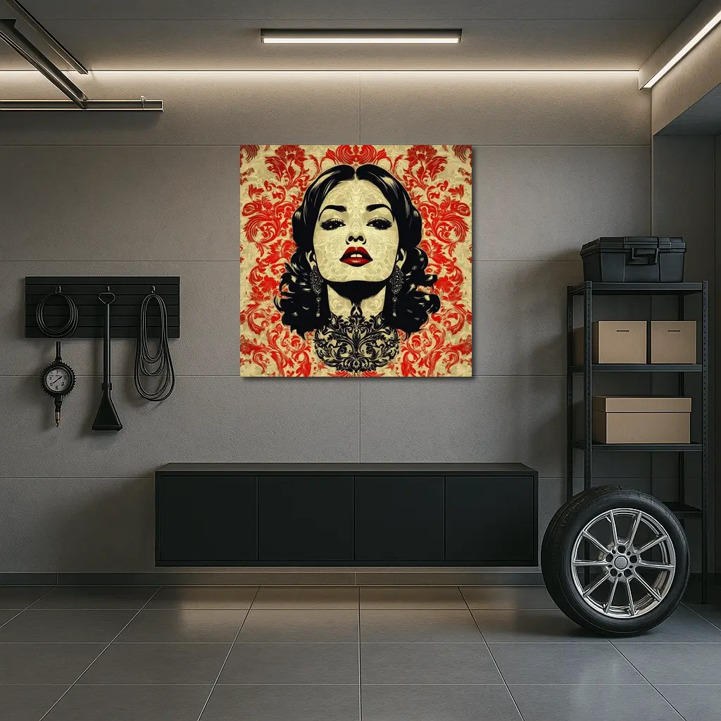 Woman Portrait Red Damask Floral Background – Wall Art