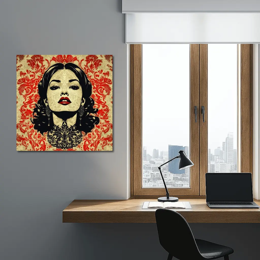 Woman Portrait Red Damask Floral Background – Wall Art