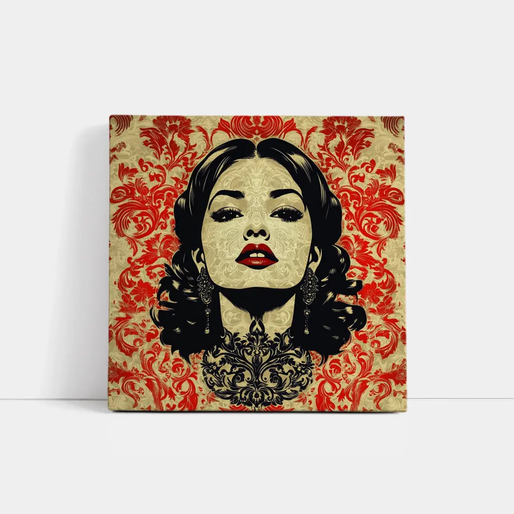 Woman Portrait Red Damask Floral Background – Wall Art