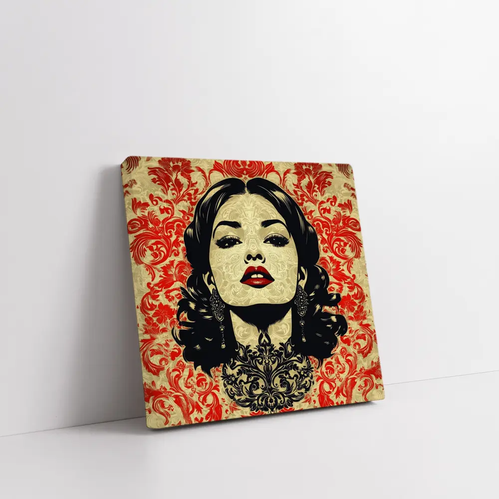 Woman Portrait Red Damask Floral Background – Wall Art