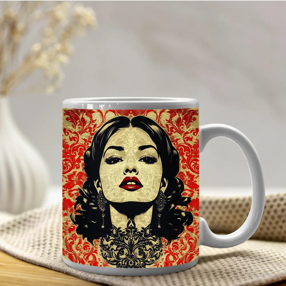 Woman Portrait Red Damask Floral Background – Mugs