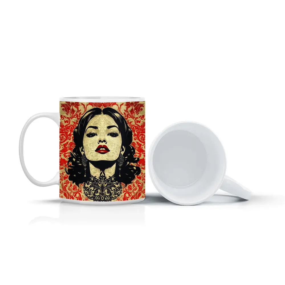 Woman Portrait Red Damask Floral Background – Mugs