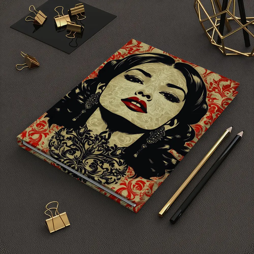 Woman Portrait Red Damask Floral Background – Notebooks