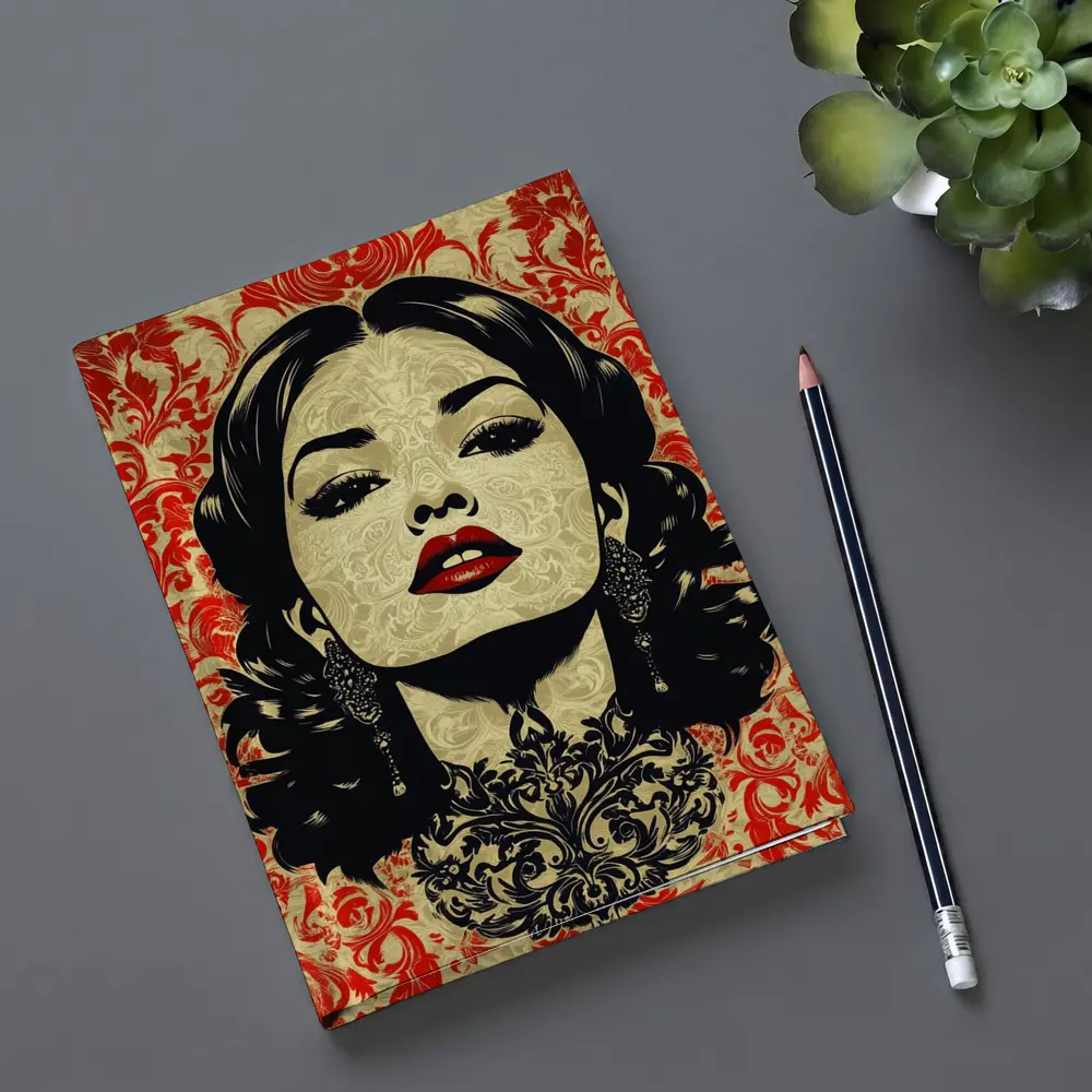 Woman Portrait Red Damask Floral Background – Notebooks