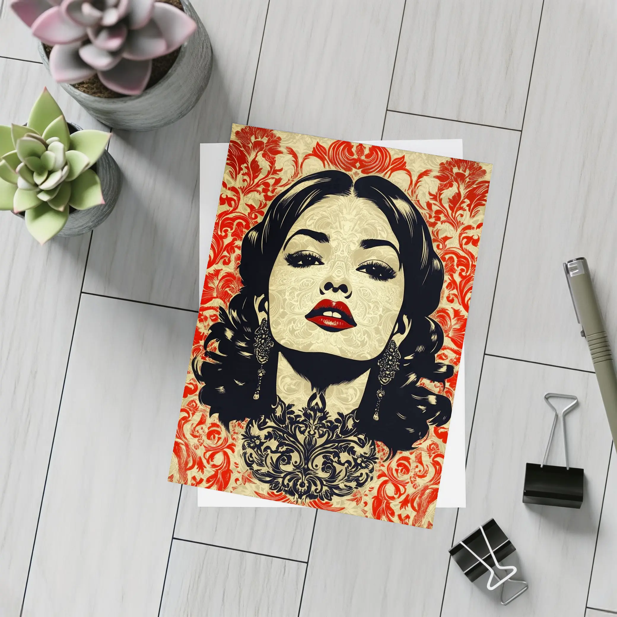 Woman Portrait Red Damask Floral Background – Postcards
