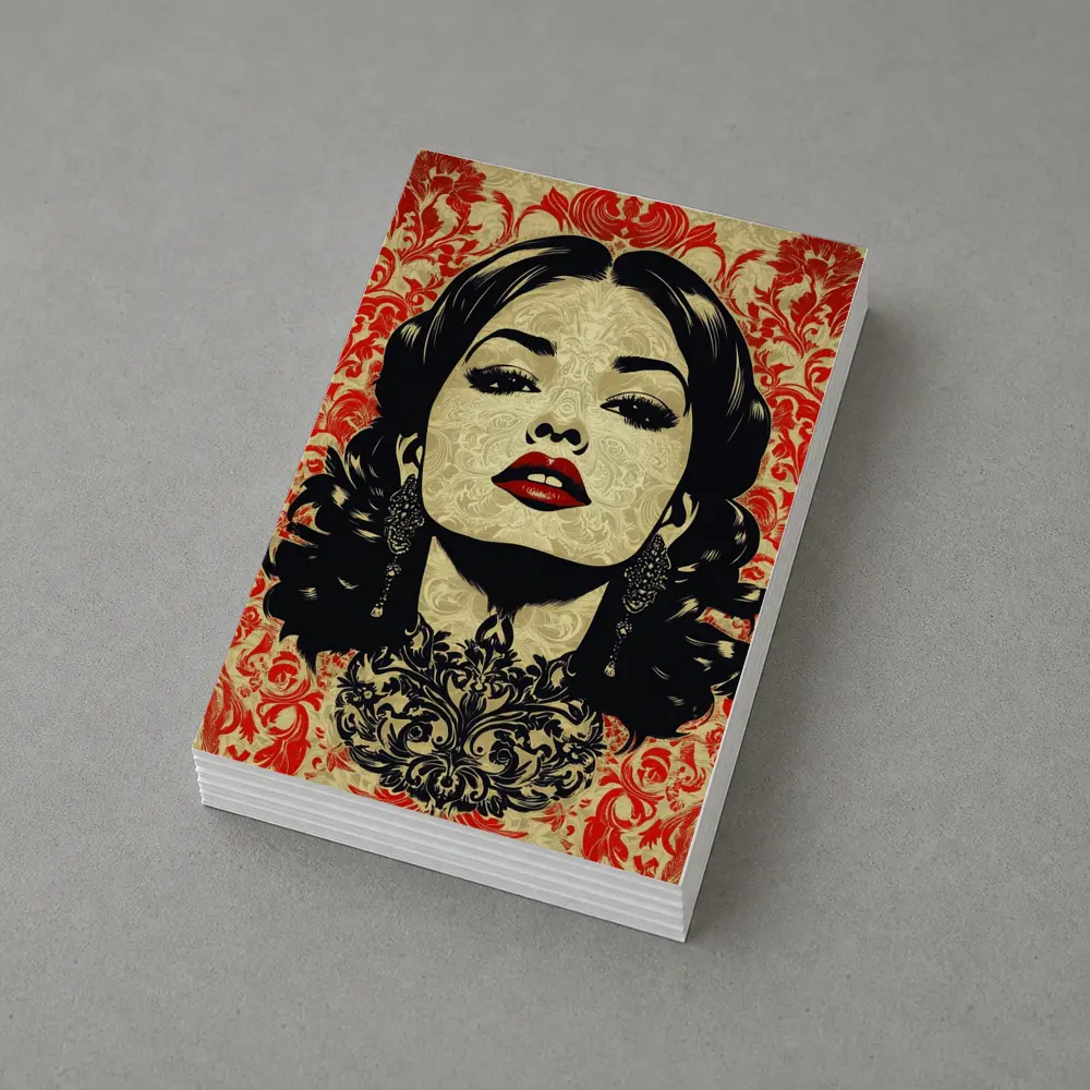 Woman Portrait Red Damask Floral Background – Postcards