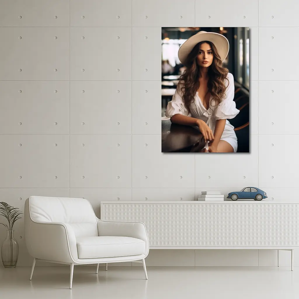 Woman White Hat Cafe Interior Portrait – Wall Art