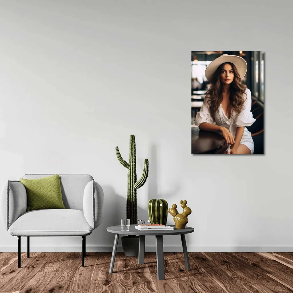 Woman White Hat Cafe Interior Portrait – Wall Art