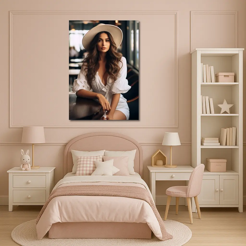 Woman White Hat Cafe Interior Portrait – Wall Art