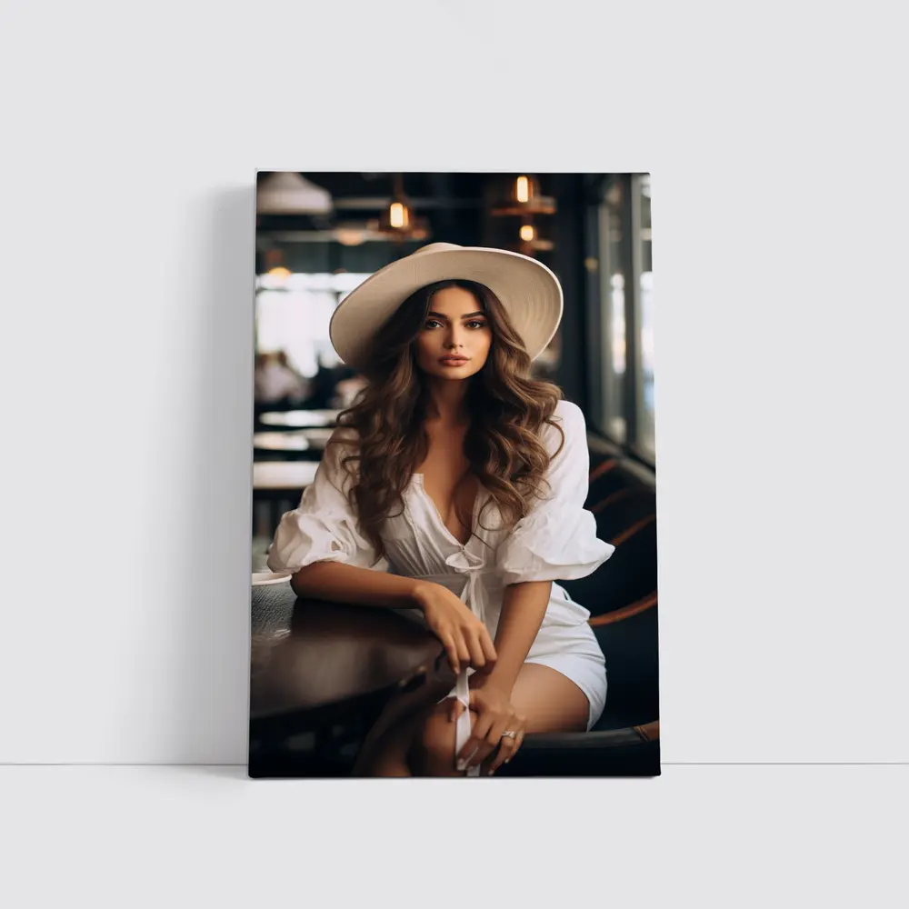 Woman White Hat Cafe Interior Portrait – Wall Art