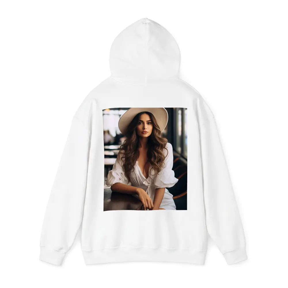 Woman White Hat Cafe Interior Portrait – Hoodies