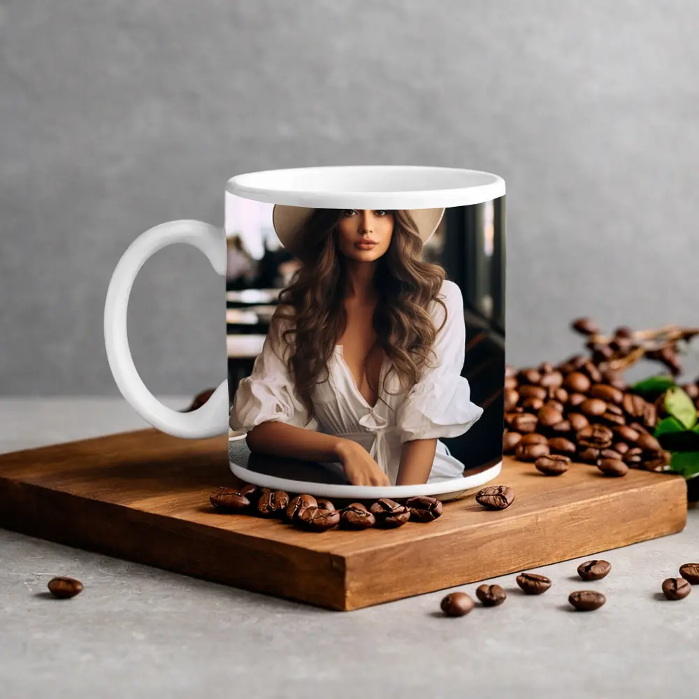 Woman White Hat Cafe Interior Portrait – Mugs