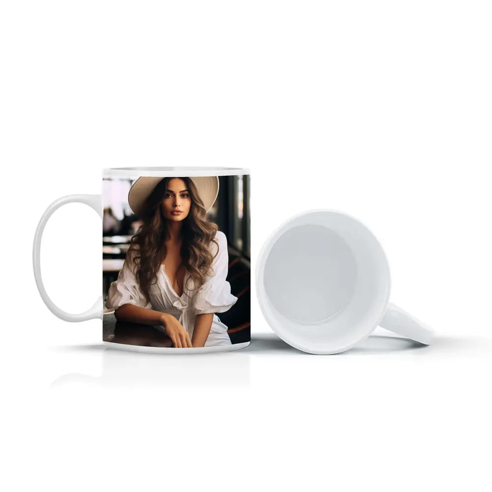 Woman White Hat Cafe Interior Portrait – Mugs