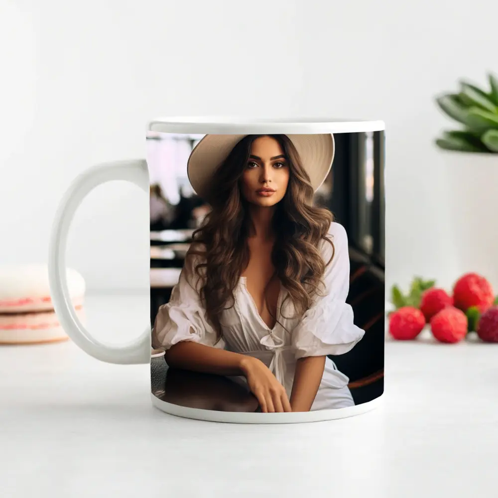 Woman White Hat Cafe Interior Portrait – Mugs