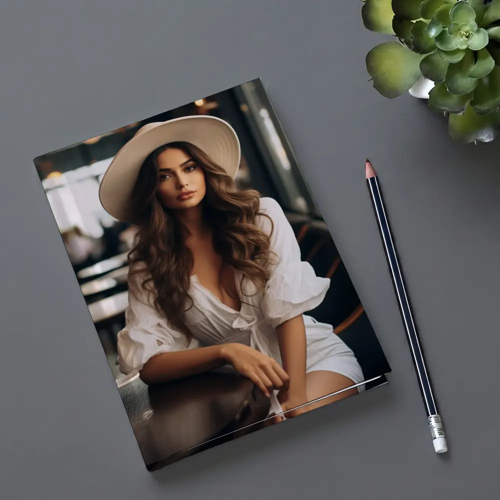 Woman White Hat Cafe Interior Portrait – Notebooks