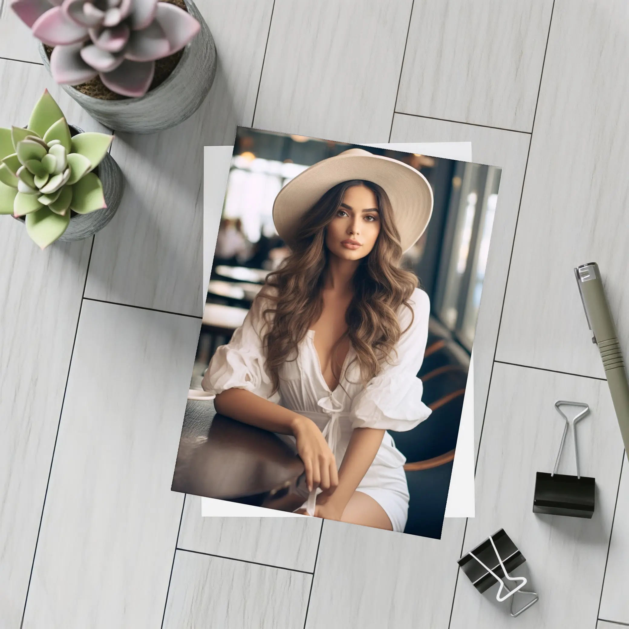 Woman White Hat Cafe Interior Portrait – Postcards
