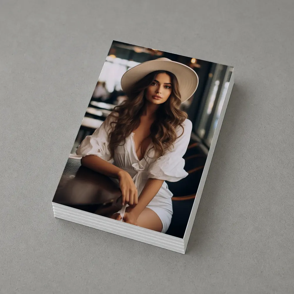 Woman White Hat Cafe Interior Portrait – Postcards
