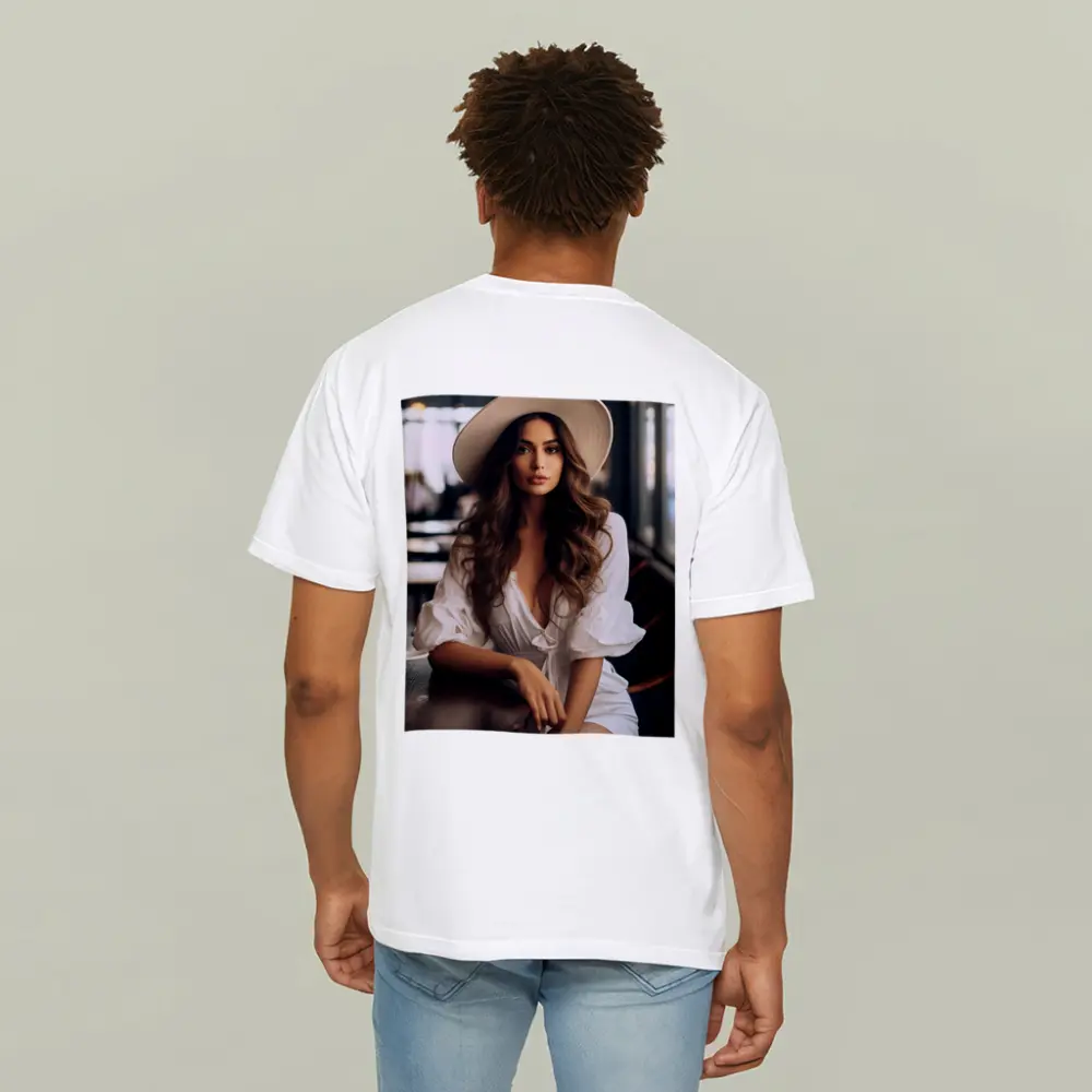 Woman White Hat Cafe Interior Portrait – T-Shirts