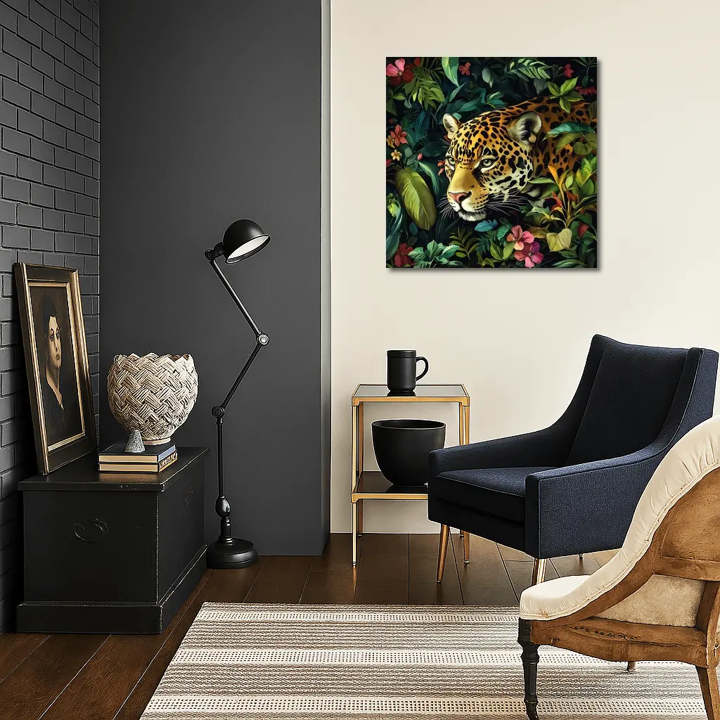 Jaguar Prowling Through Tropical Jungle Flowers – Wall Art