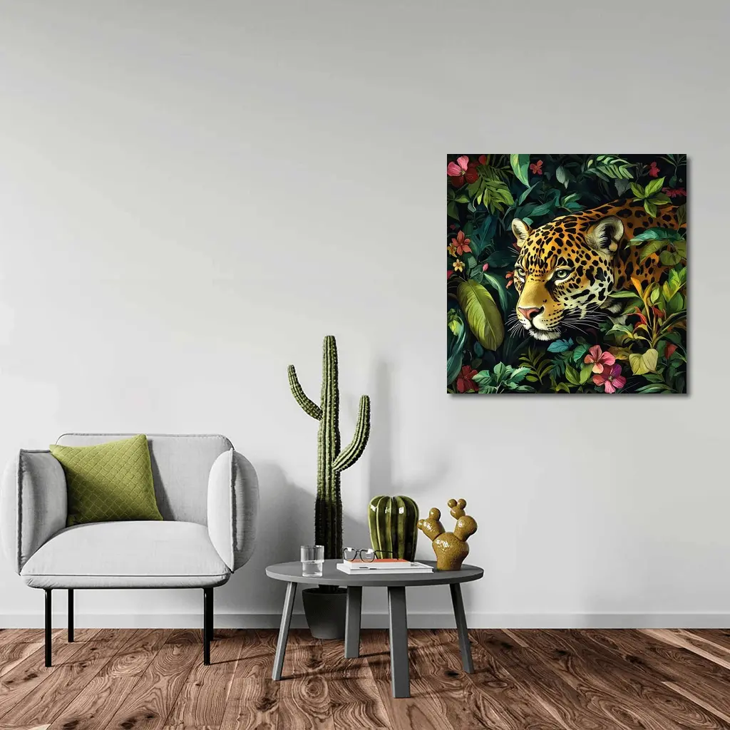 Jaguar Prowling Through Tropical Jungle Flowers – Wall Art