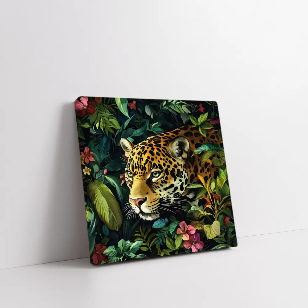 Jaguar Prowling Through Tropical Jungle Flowers – Wall Art