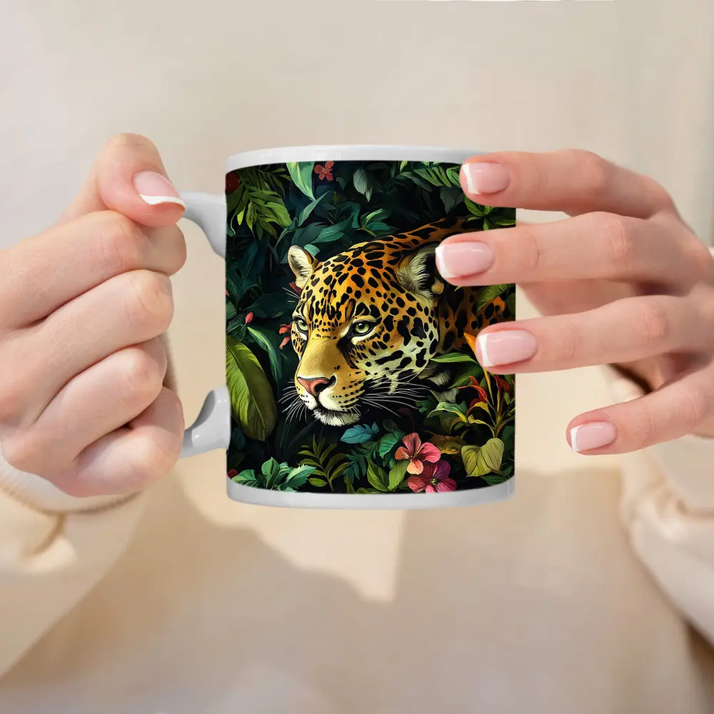 Jaguar Prowling Through Tropical Jungle Flowers – Mugs
