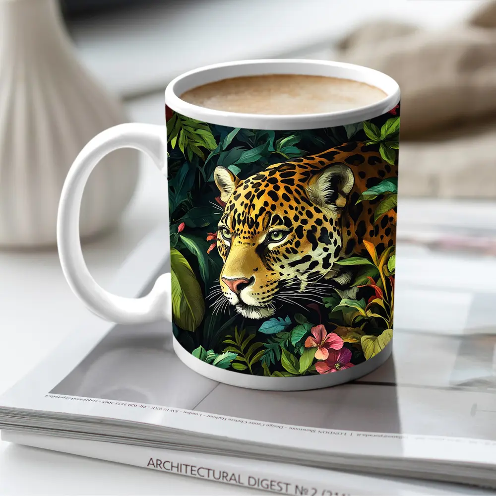Jaguar Prowling Through Tropical Jungle Flowers – Mugs