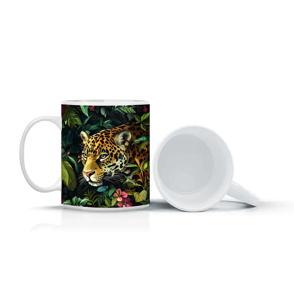 Jaguar Prowling Through Tropical Jungle Flowers – Mugs