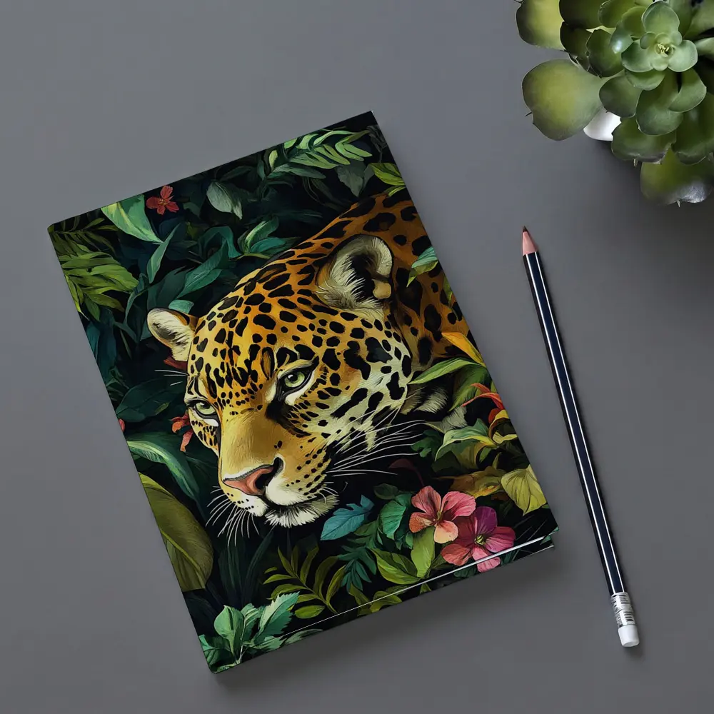 Jaguar Prowling Through Tropical Jungle Flowers – Notebooks