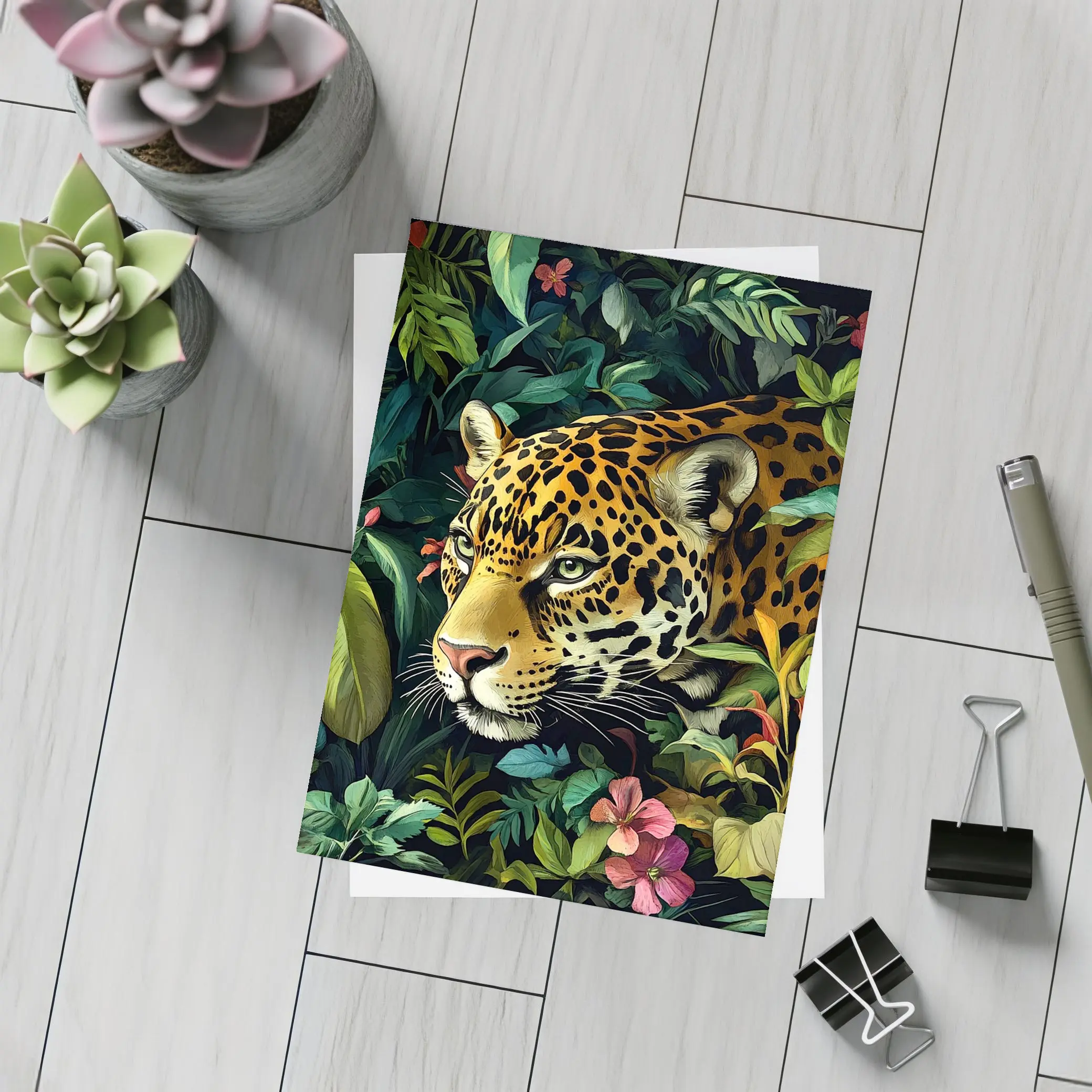 Jaguar Prowling Through Tropical Jungle Flowers – Postcards