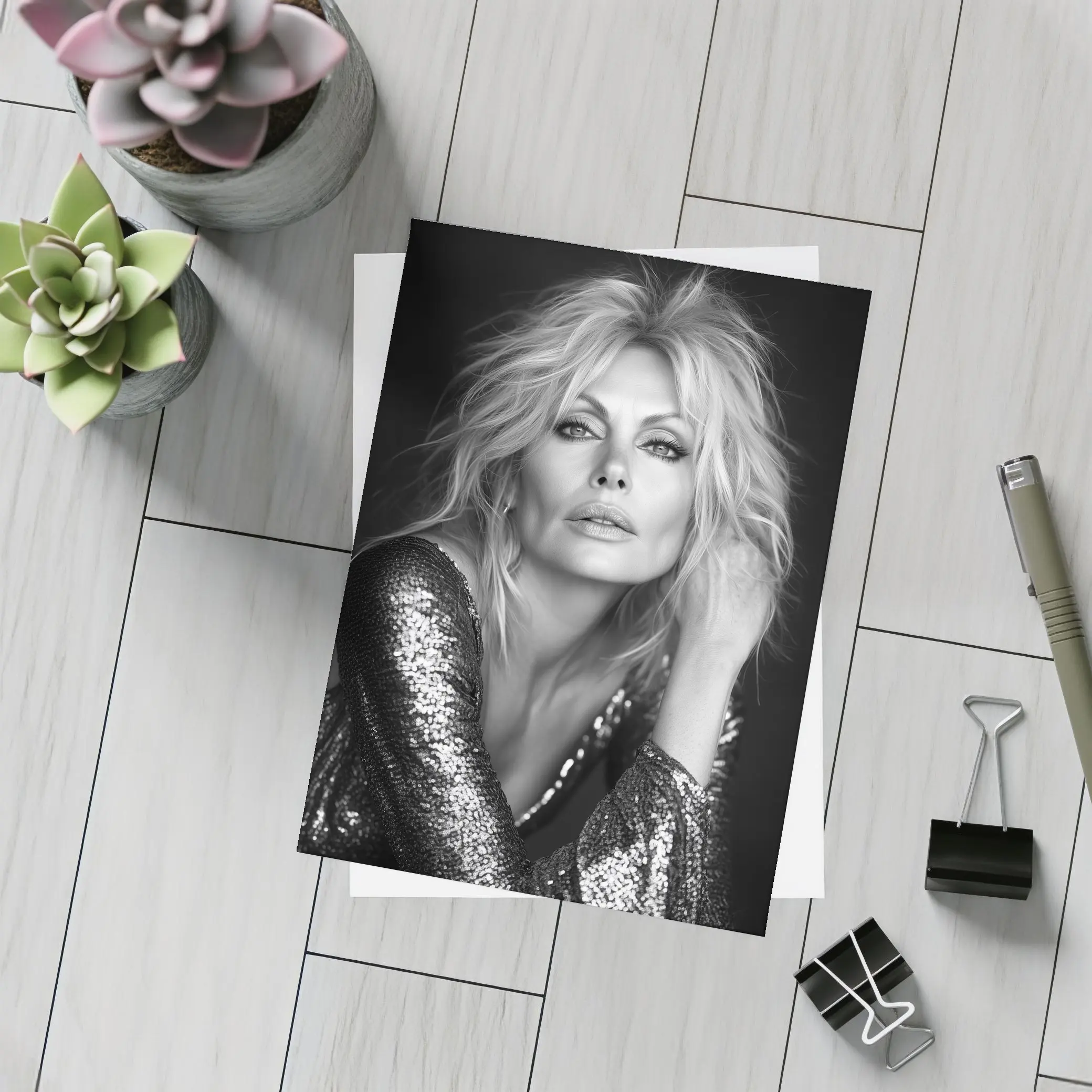 Black and White Blonde Woman Sequin Portrait – Postcards
