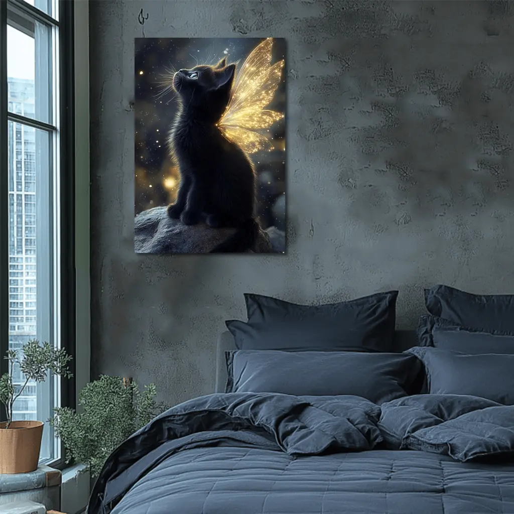 Black Kitten Fairy Wings Starry Night Sky – Wall Art