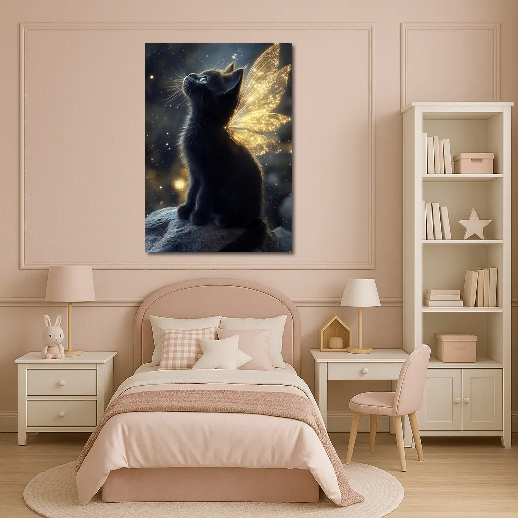 Black Kitten Fairy Wings Starry Night Sky – Wall Art