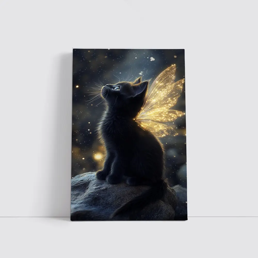 Black Kitten Fairy Wings Starry Night Sky – Wall Art