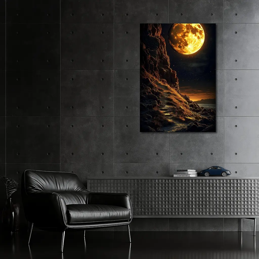Giant Golden Moon Over Rocky Coastal Cliffs – Wall Art