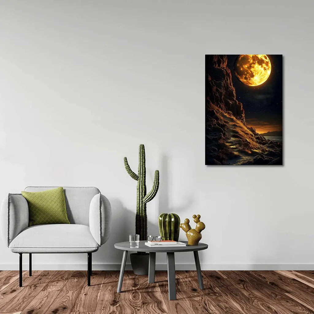 Giant Golden Moon Over Rocky Coastal Cliffs – Wall Art