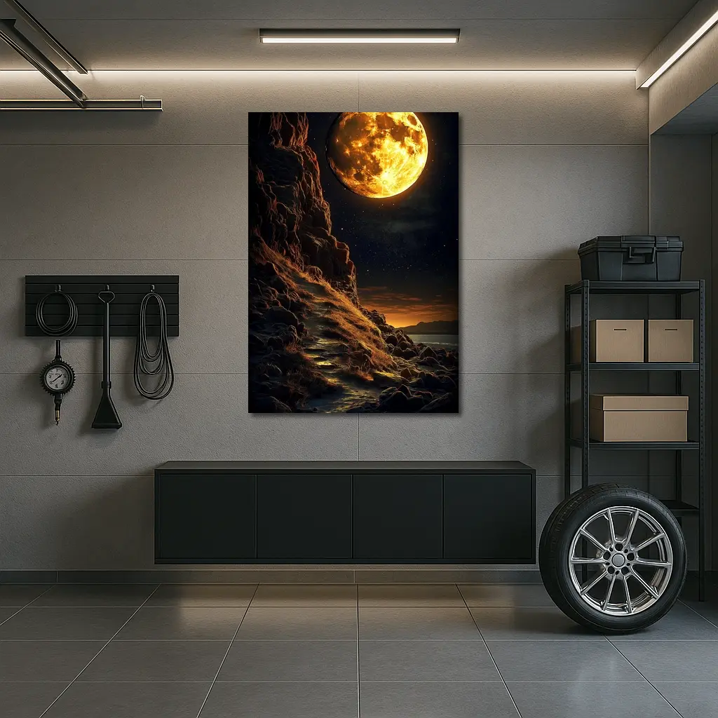 Giant Golden Moon Over Rocky Coastal Cliffs – Wall Art