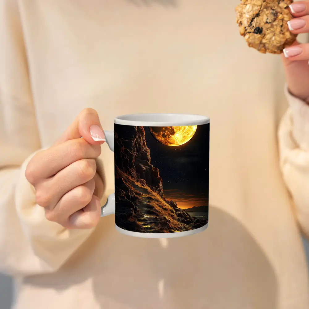 Giant Golden Moon Over Rocky Coastal Cliffs – Mugs