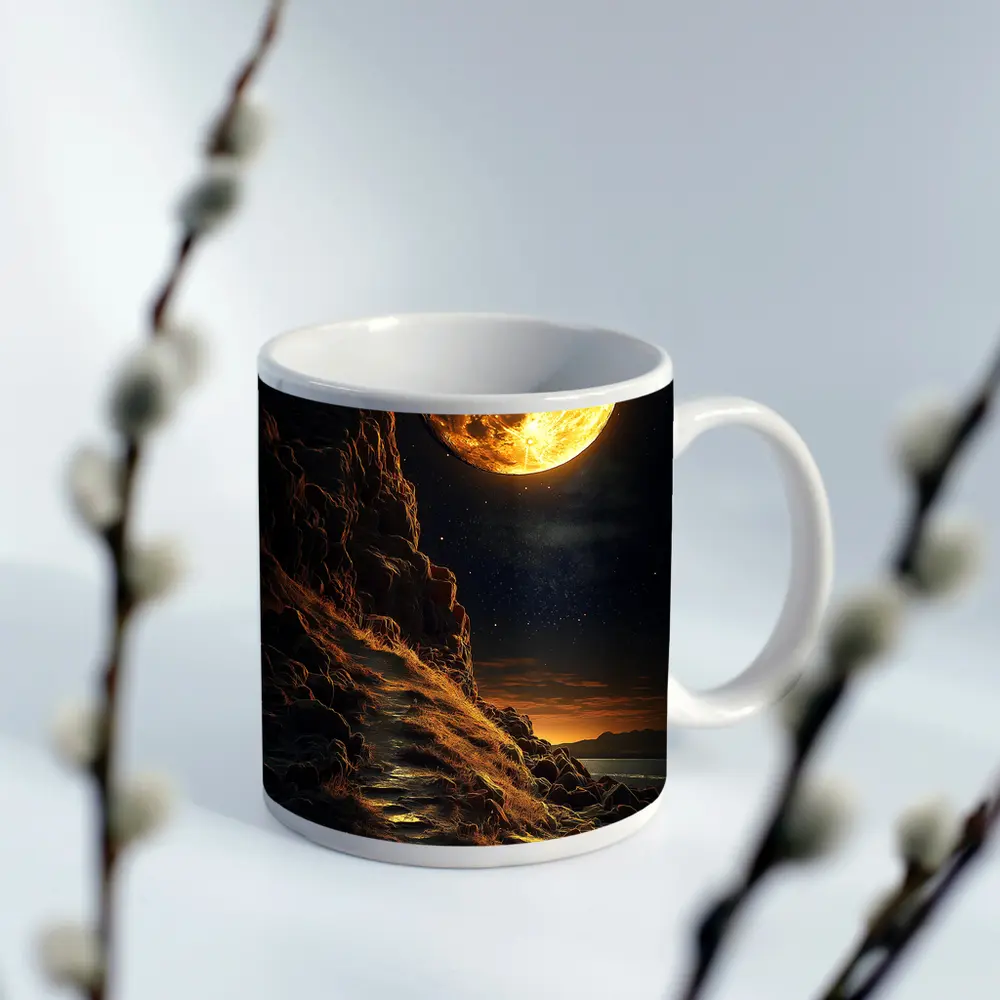 Giant Golden Moon Over Rocky Coastal Cliffs – Mugs