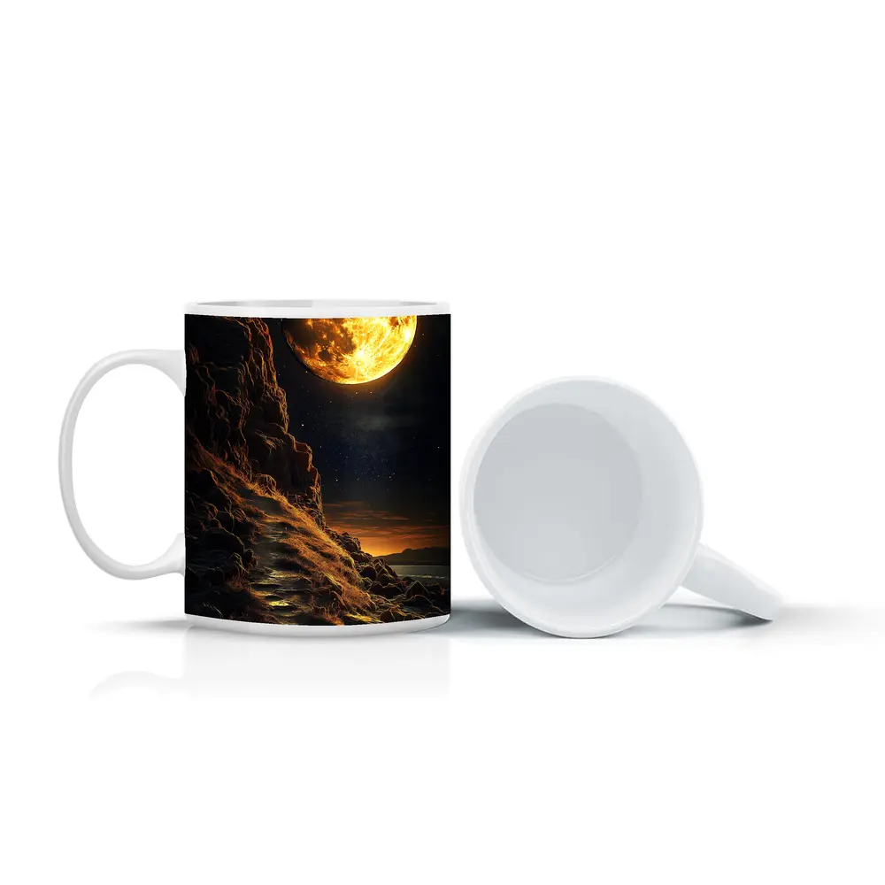 Giant Golden Moon Over Rocky Coastal Cliffs – Mugs