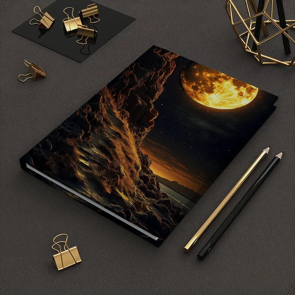 Giant Golden Moon Over Rocky Coastal Cliffs – Notebooks