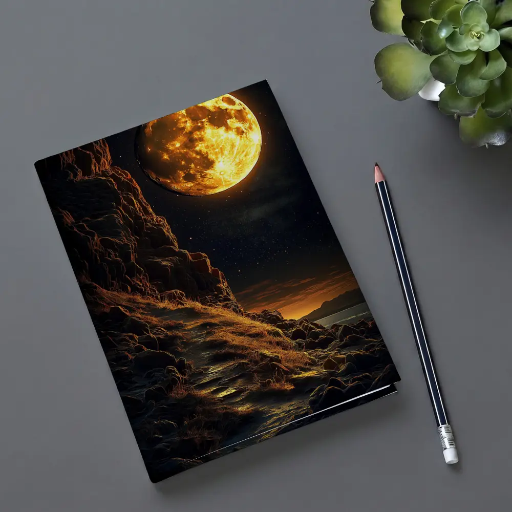 Giant Golden Moon Over Rocky Coastal Cliffs – Notebooks