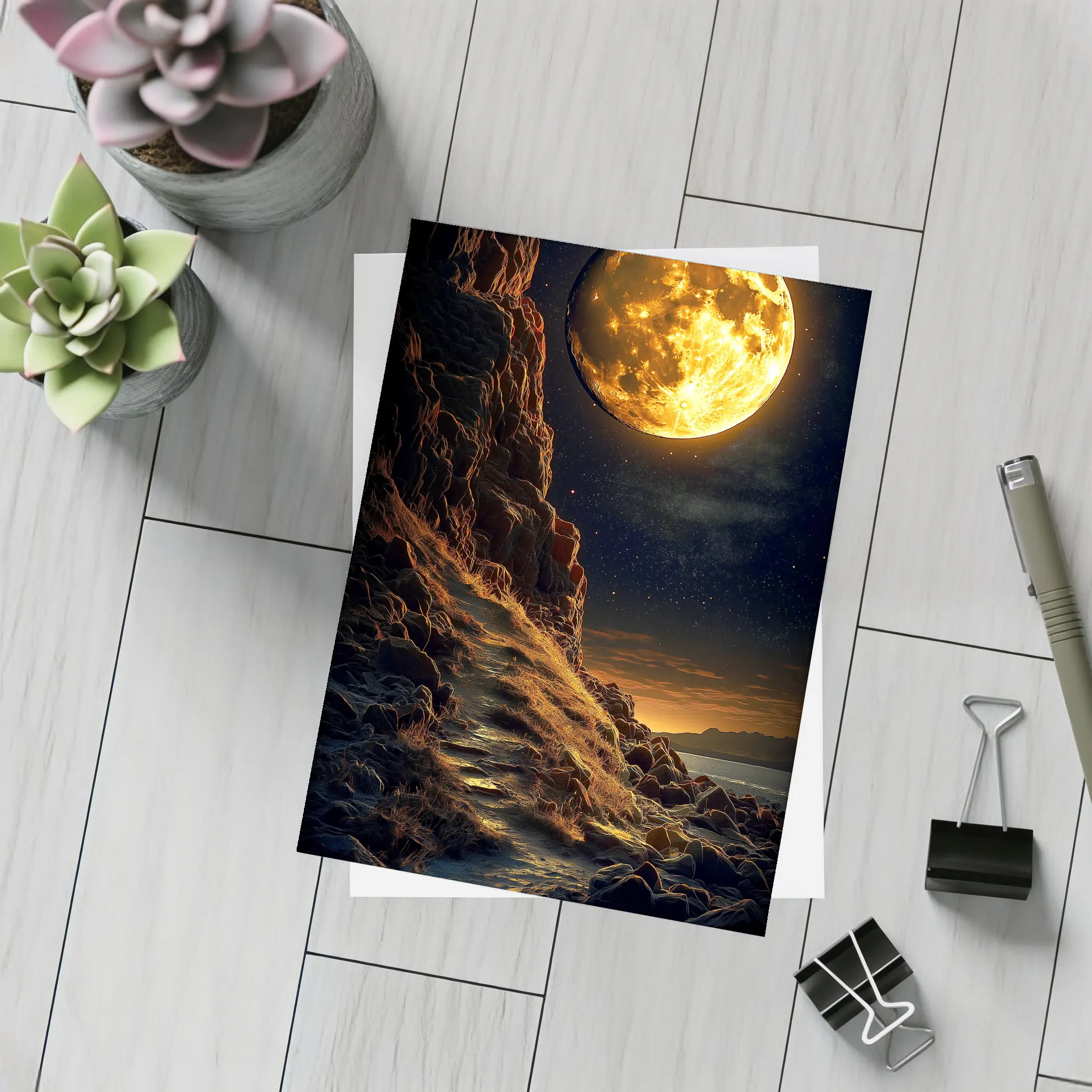 Giant Golden Moon Over Rocky Coastal Cliffs – Postcards