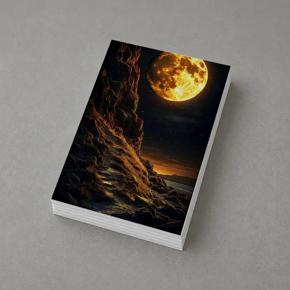 Giant Golden Moon Over Rocky Coastal Cliffs – Postcards